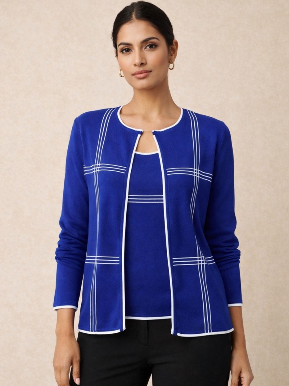2 PIECE FINITY ROYAL BLUE KNIT TOP & CARDIGAN SET WHITE S-M & L TWINSET